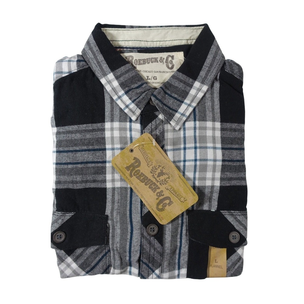 Roebuck and Co Flannel Shirt Men Large Button Down Western Pockets Cotton Black